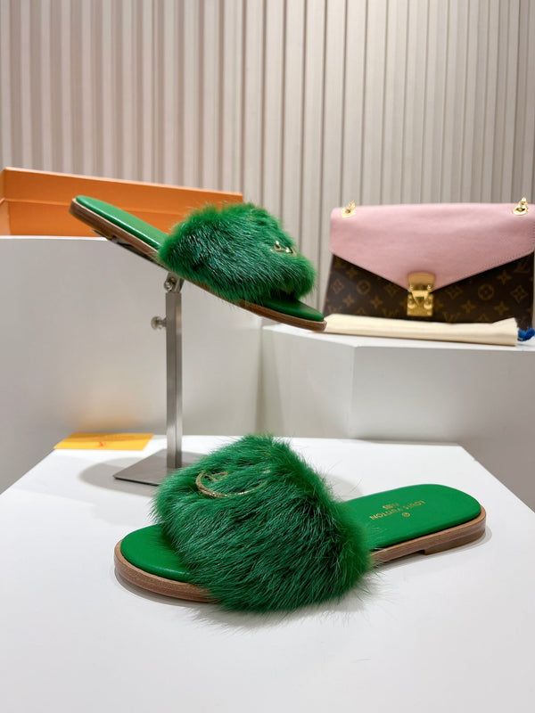 LV Flat Mule Sandals Green Fur Gold LV Medallion 997726