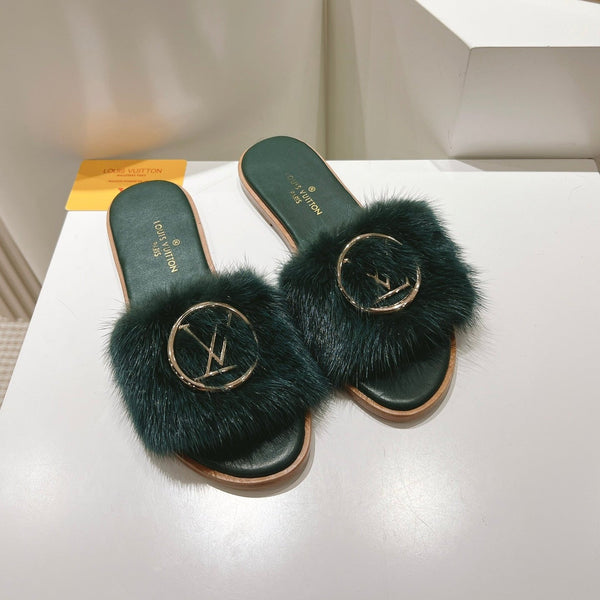 LV Flat Mule Sandals Dark Green Fur Gold LV Medallion 997727