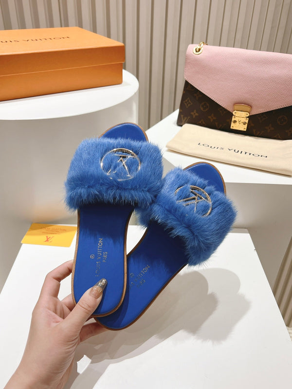 LV Flat Mule Sandals Blue Fur Gold LV Medallion 997725
