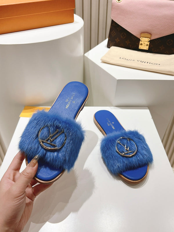 LV Flat Mule Sandals Blue Fur Gold LV Medallion 997725