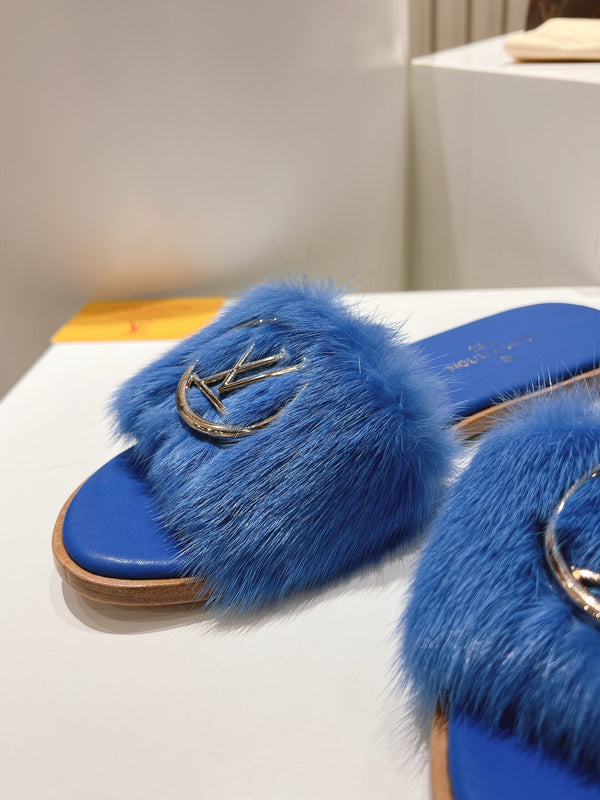LV Flat Mule Sandals Blue Fur Gold LV Medallion 997725