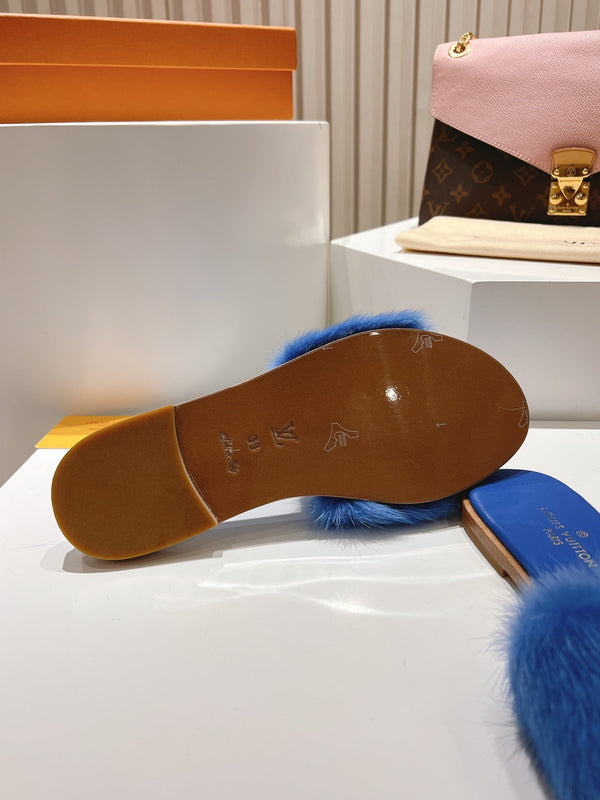 LV Flat Mule Sandals Blue Fur Gold LV Medallion 997725