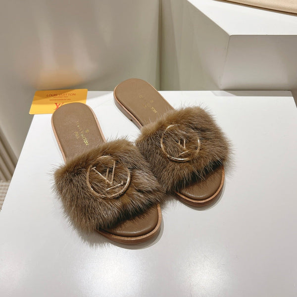 LV Flat Mule Sandals Brown Fur Gold LV Medallion 997724
