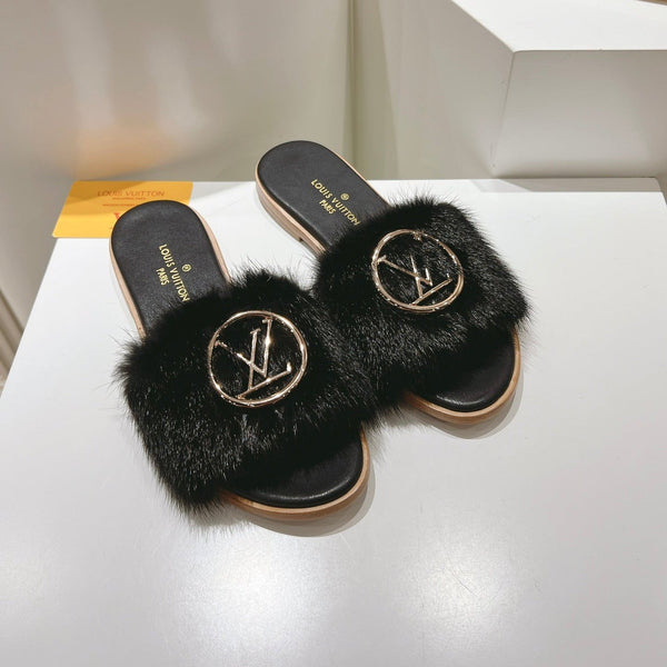 LV Flat Mule Sandals Black Fur Gold LV Medallion 997723