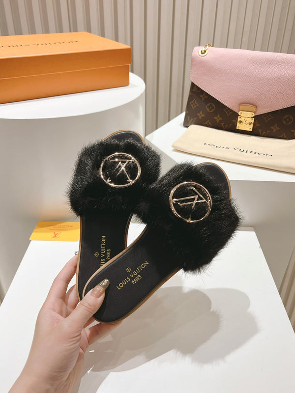 LV Flat Mule Sandals Black Fur Gold LV Medallion 997723