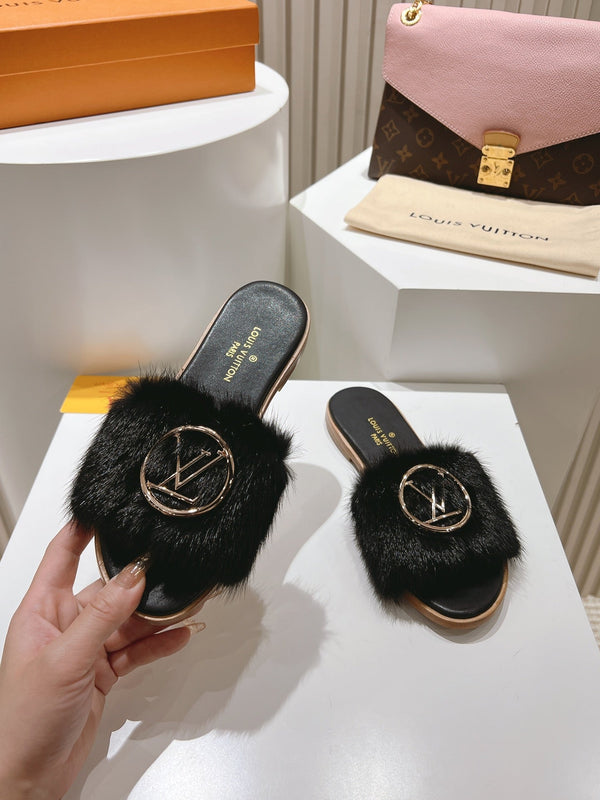 LV Flat Mule Sandals Black Fur Gold LV Medallion 997723