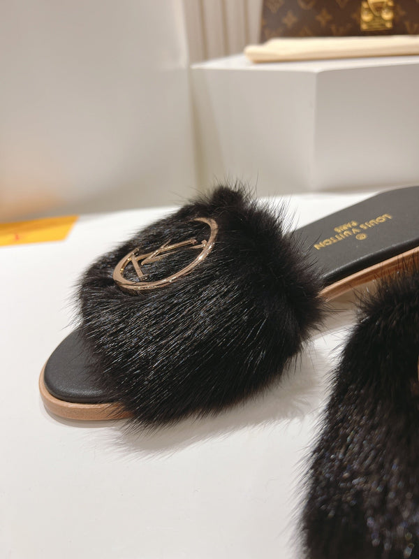LV Flat Mule Sandals Black Fur Gold LV Medallion 997723