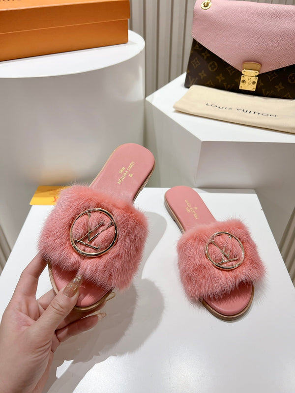 LV Flat Mule Sandals Pink Fur Gold LV Medallion 997722