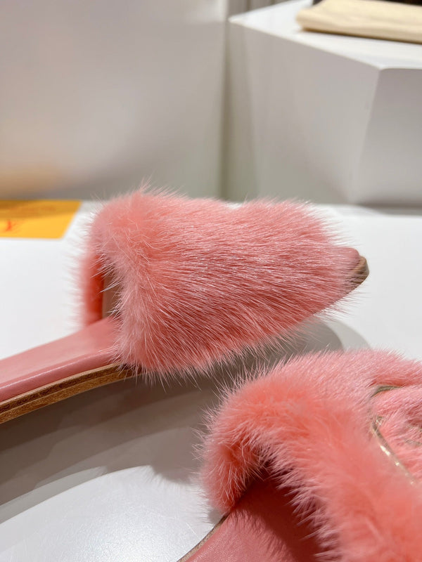 LV Flat Mule Sandals Pink Fur Gold LV Medallion 997722