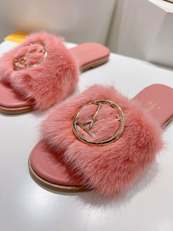 LV Flat Mule Sandals Pink Fur Gold LV Medallion 997722