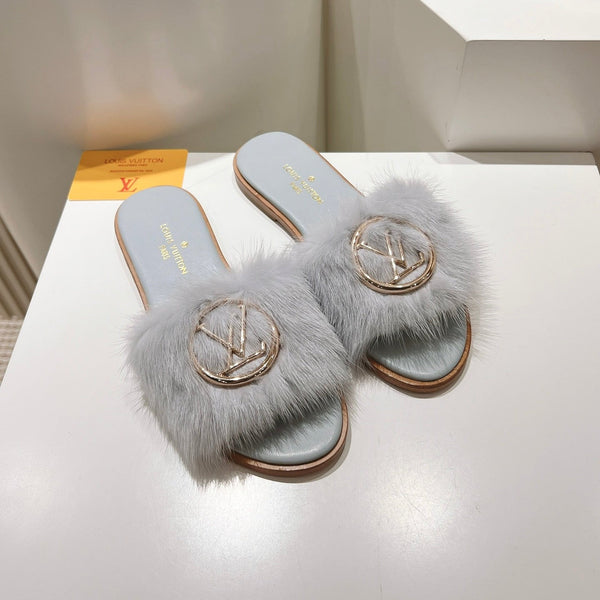 LV Flat Mule Sandals Grey Fur Gold LV Medallion 997721