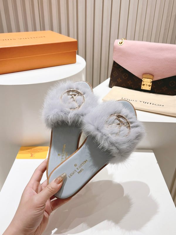 LV Flat Mule Sandals Grey Fur Gold LV Medallion 997721