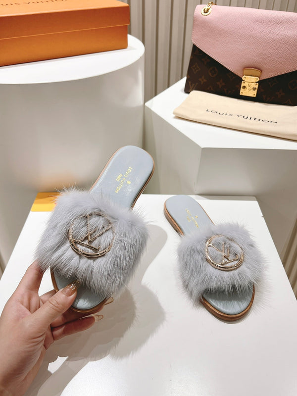 LV Flat Mule Sandals Grey Fur Gold LV Medallion 997721