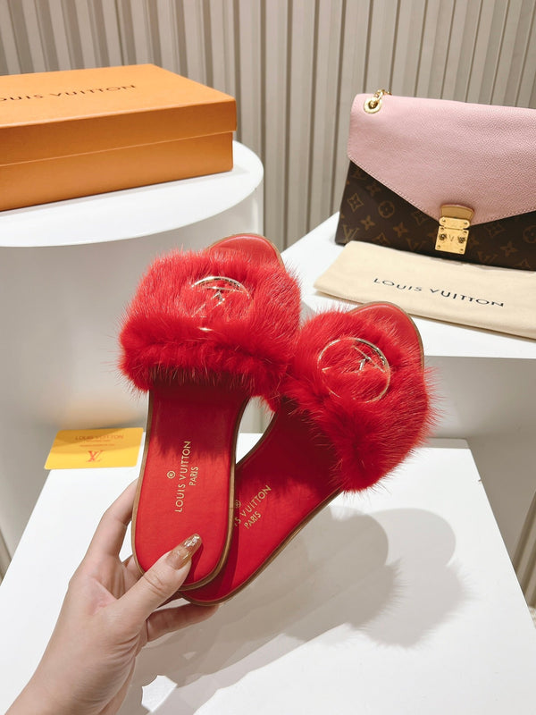 LV Flat Mule Sandals Red Fur Gold LV Medallion 997720