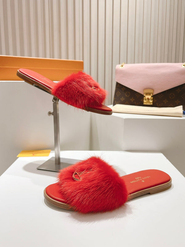 LV Flat Mule Sandals Red Fur Gold LV Medallion 997720