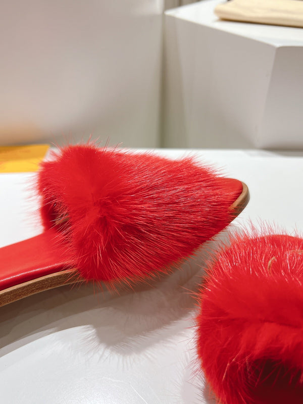 LV Flat Mule Sandals Red Fur Gold LV Medallion 997720