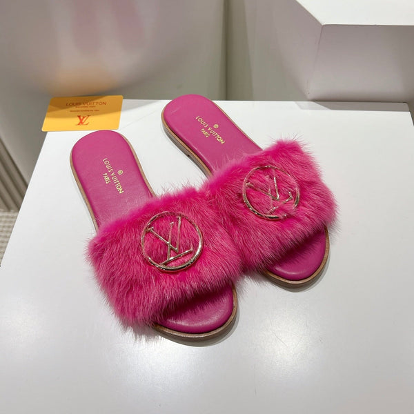 LV Flat Mule Sandals Dark Pink Fur Gold LV Medallion 997719
