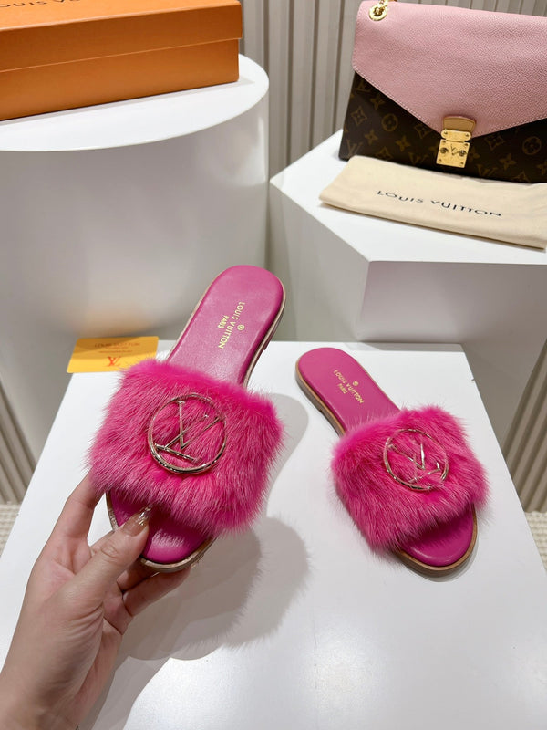 LV Flat Mule Sandals Dark Pink Fur Gold LV Medallion 997719