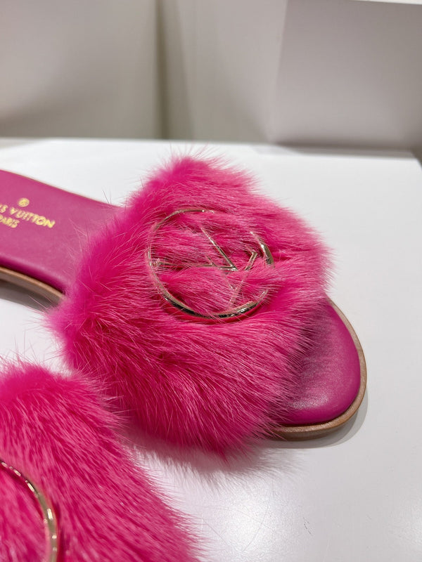 LV Flat Mule Sandals Dark Pink Fur Gold LV Medallion 997719