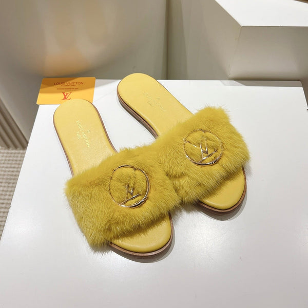 LV Flat Mule Sandals Yellow Fur Gold LV Medallion 997718