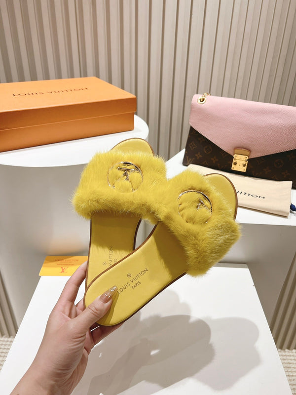 LV Flat Mule Sandals Yellow Fur Gold LV Medallion 997718