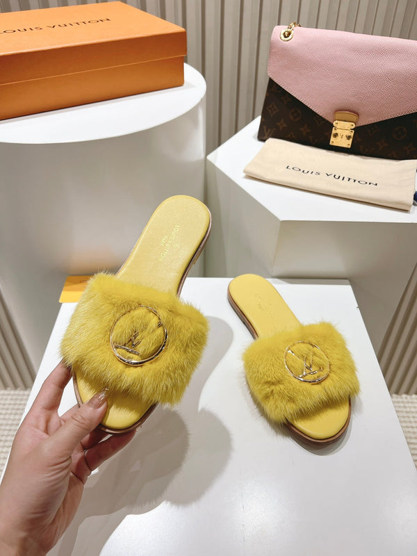 LV Flat Mule Sandals Yellow Fur Gold LV Medallion 997718