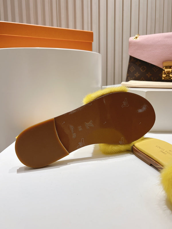 LV Flat Mule Sandals Yellow Fur Gold LV Medallion 997718