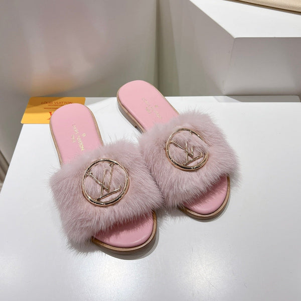 LV Flat Mule Sandals Light Pink Fur Gold LV Medallion 997717