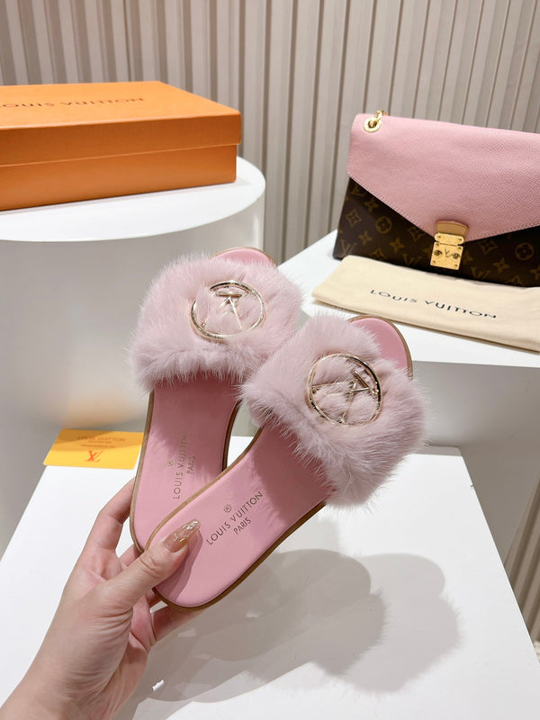 LV Flat Mule Sandals Light Pink Fur Gold LV Medallion 997717