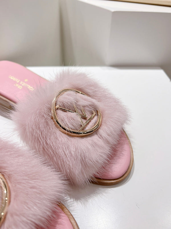 LV Flat Mule Sandals Light Pink Fur Gold LV Medallion 997717