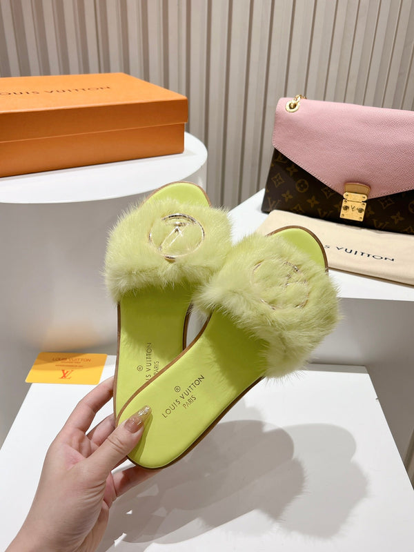 LV Flat Mule Sandals Lime Yellow Fur Gold LV Medallion 997716