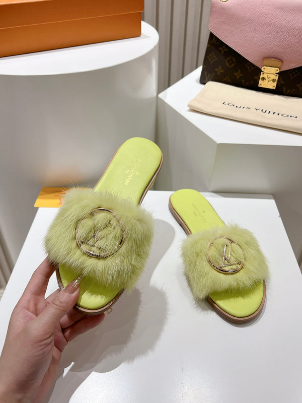 LV Flat Mule Sandals Lime Yellow Fur Gold LV Medallion 997716