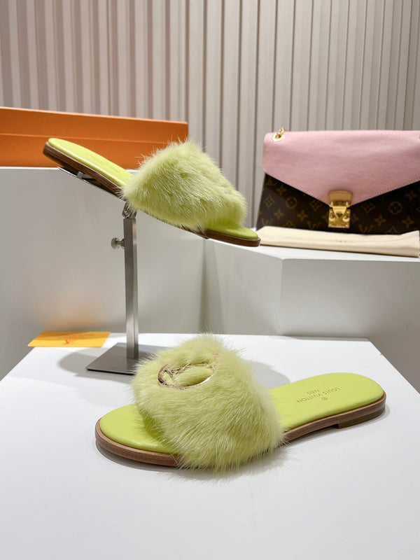 LV Flat Mule Sandals Lime Yellow Fur Gold LV Medallion 997716