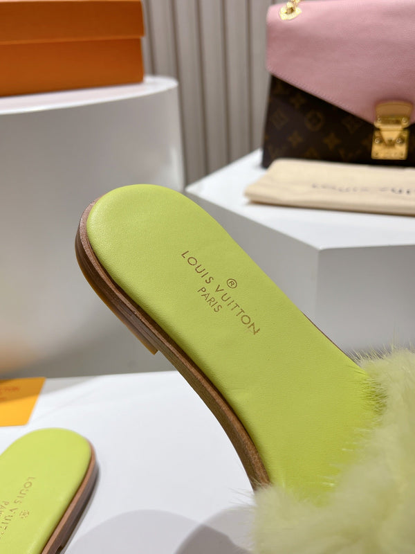 LV Flat Mule Sandals Lime Yellow Fur Gold LV Medallion 997716