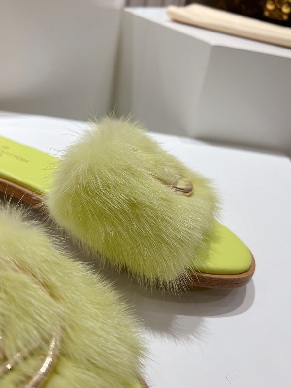 LV Flat Mule Sandals Lime Yellow Fur Gold LV Medallion 997716