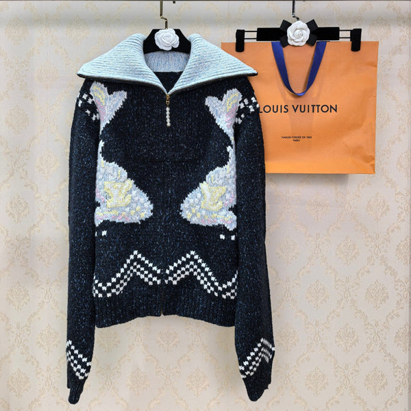 LV Zippered Knitted Blouson Navy Multicolor Wool 423033