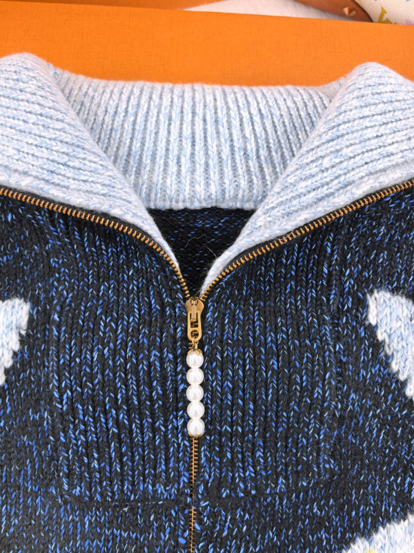 LV Zippered Knitted Blouson Navy Multicolor Wool 423033