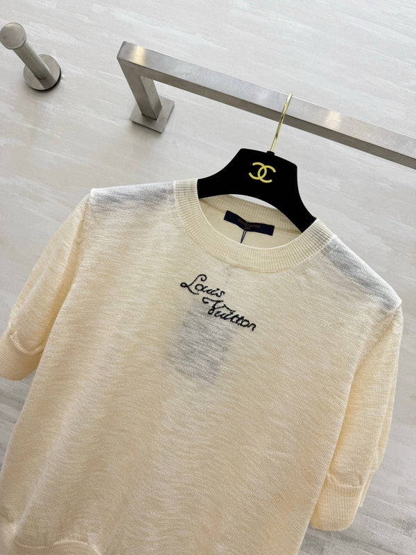LV Logo Knit Short-Sleeve Top Beige 422098