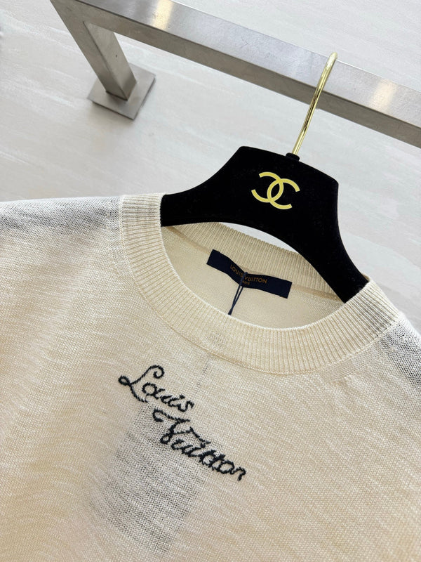 LV Logo Knit Short-Sleeve Top Beige 422098