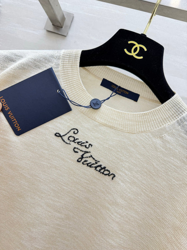 LV Logo Knit Short-Sleeve Top Beige 422098