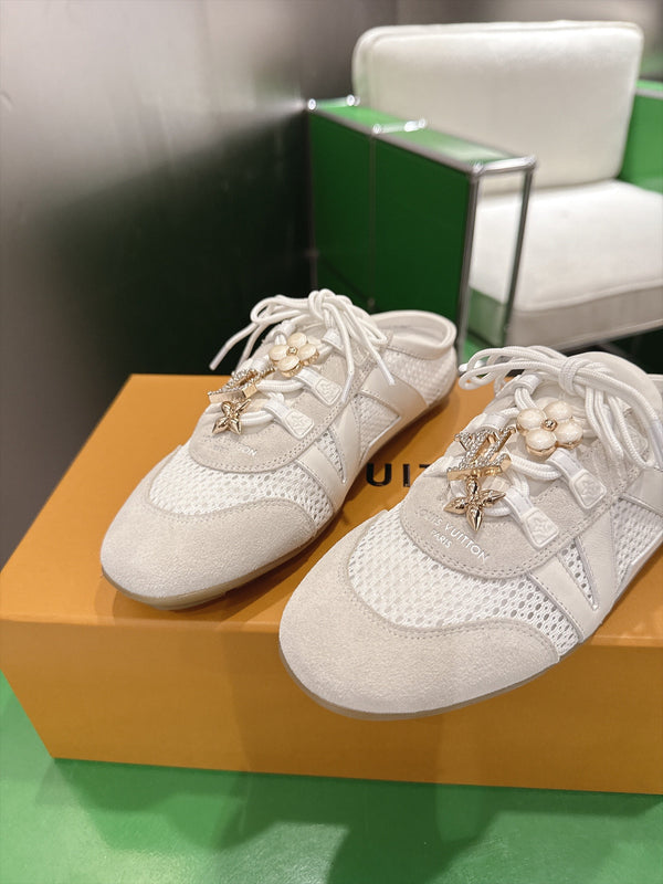 LV Sneakerina Ballerina Flats Cream Mesh Suede 999359