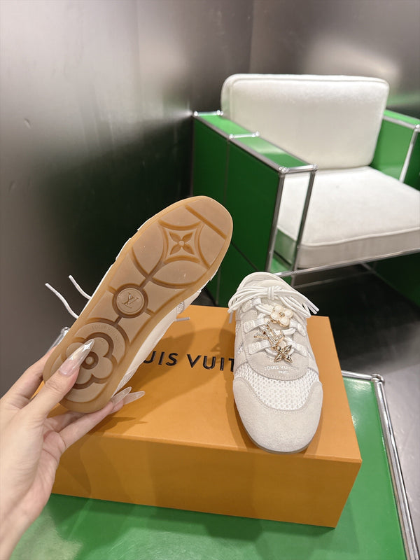 LV Sneakerina Ballerina Flats Cream Mesh Suede 999359