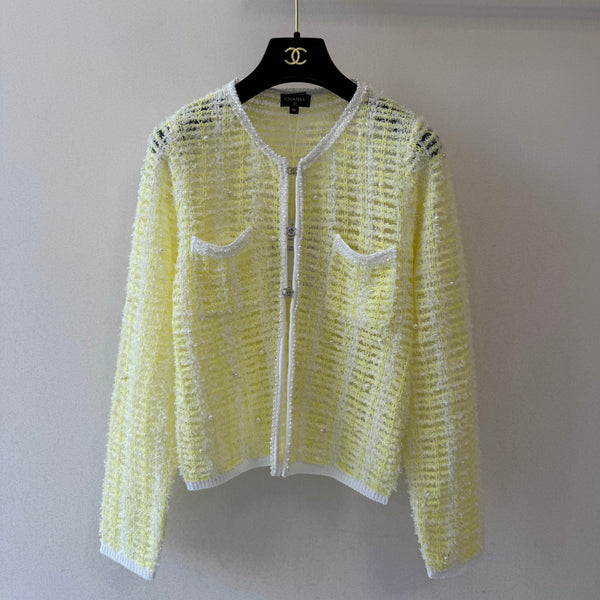 CCTweed-Style Knit Cardigan Yellow White Cotton 425583