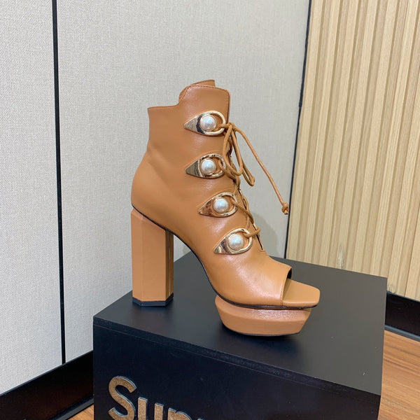 BM 26S Lace-Up Platform Booties 11.5cm Tan Leather 111370