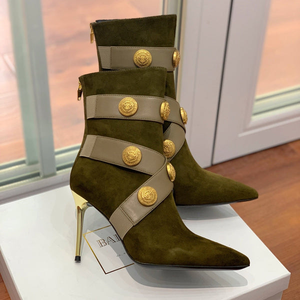 BM 26S Alma Ankle Boots 9.5cm Medallion Buttons Dark Olive Green Suede Leather 111357
