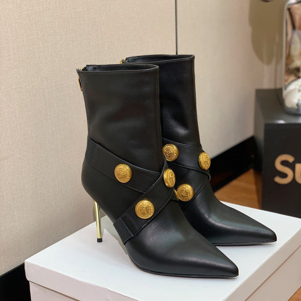 BM 26S Pointed-Toe Boots 10.5cm Gold Logo Buttons Black Leather 111356