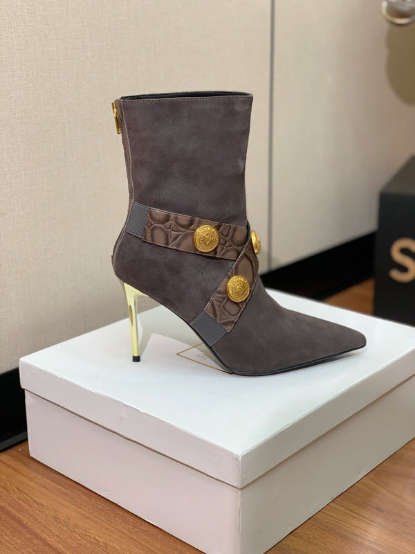 BM 26S Pointed-Toe Boots 10.5cm Gold Logo Buttons Dark Grey Suede & Embossed Leather 111353