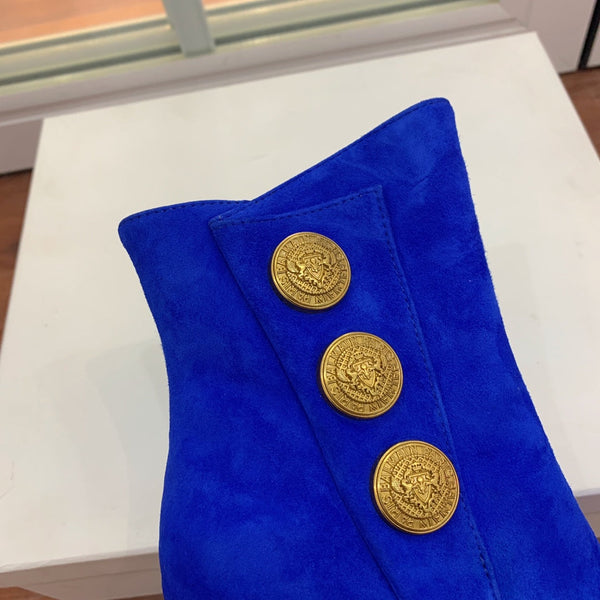 BM 26S Open-Toe Ankle Boots 9.5cm Gold Buttons Stiletto Dark Blue Suede 111320