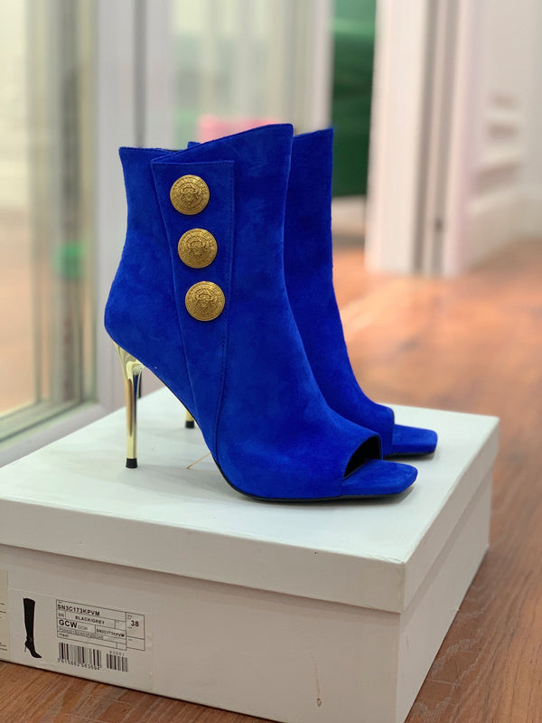 BM 26S Open-Toe Ankle Boots 9.5cm Gold Buttons Stiletto Dark Blue Suede 111320