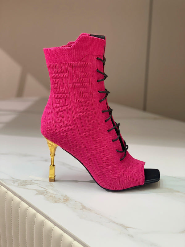 BM 26S Moneta Monogram Lace-Up Boots Peep-Toe Hot Pink Knit 111313